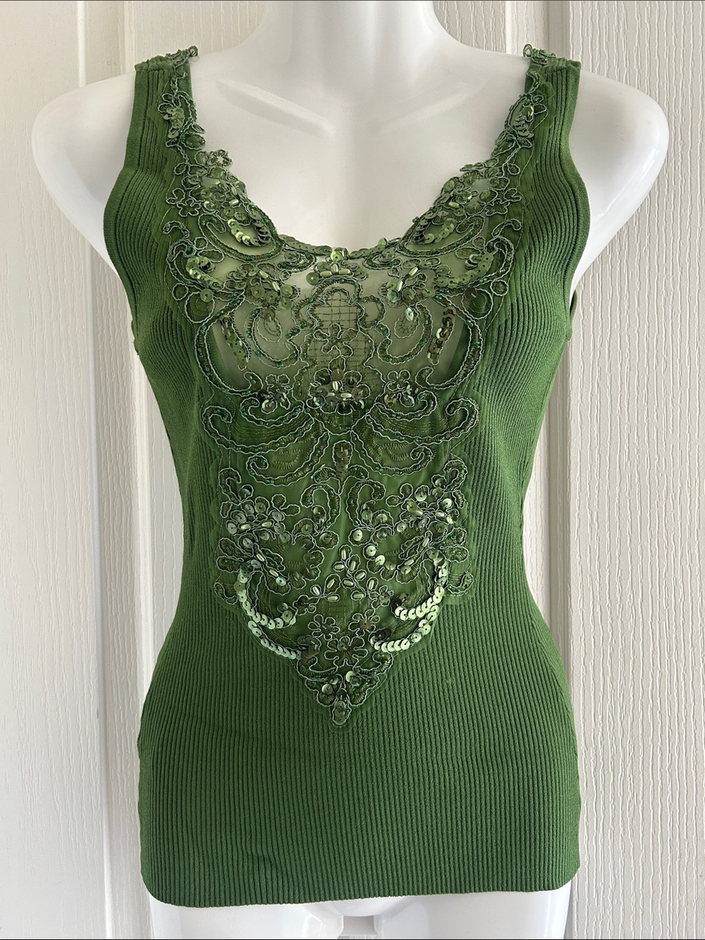 Cache Olive Green Embellished Ribbed Tank Top